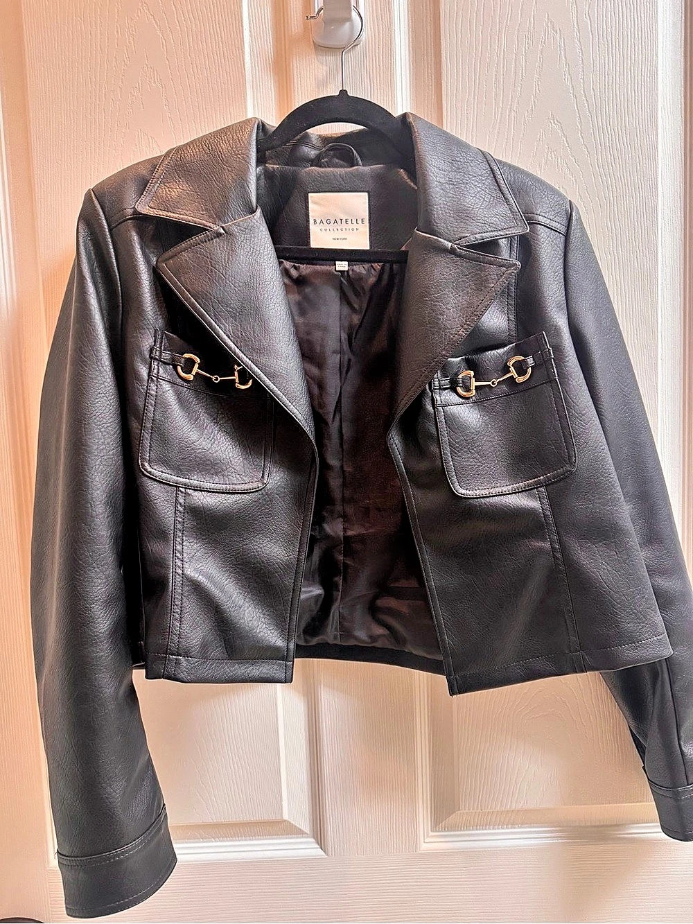 Bagatelle Collection Black Faux Leather Cropped Jacket with Horsebit Detail
